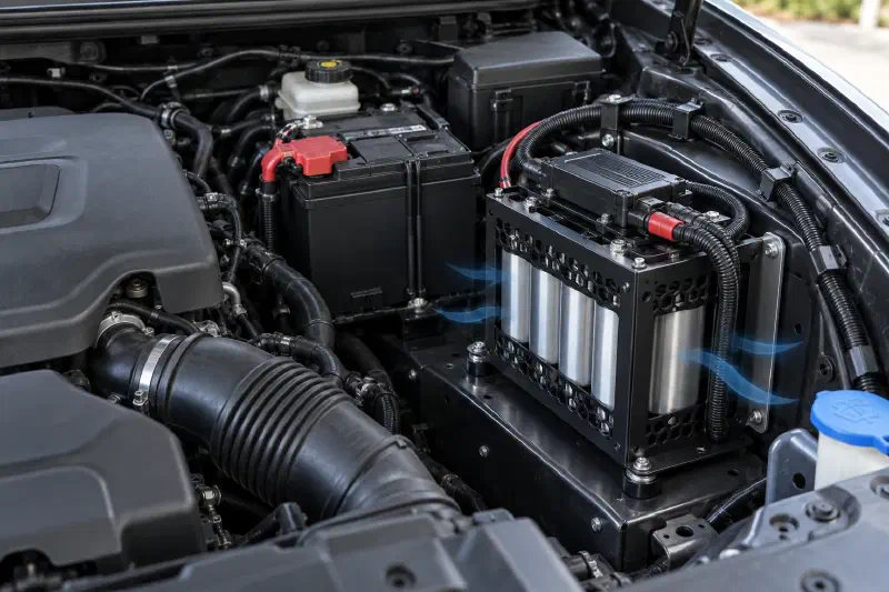 Ventilated and securely mounted automotive supercapacitor bank